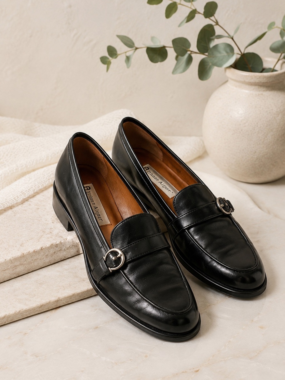 Etienne Aigner Black Leather Loafers with Silver Buckle Detail Women’s Size 8N
